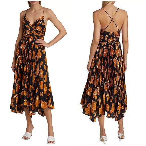 Jonathan Simkhai Portia Pleated Floral Satin Midi Dress - Picture 1 of 11